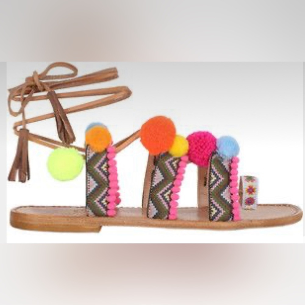 Gia Couture Womens’ Bodrum Pom Pom Bohemian Wrap Sandals-Size 8